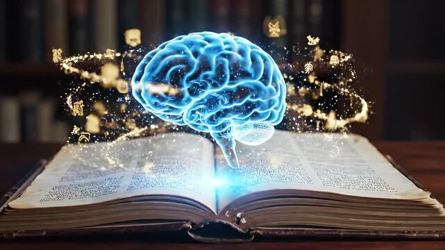 Knowledge and Intelligence Concept - An open book sits on a wooden table with a glowing blue brain floating above it.