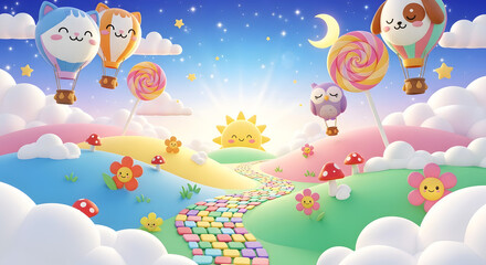 Naklejka premium Pastel landscape featuring floating animal hot air balloons above a winding cobblestone path, whimsical sky scenery, dreamlike candy terrain, vibrant grassy hills.