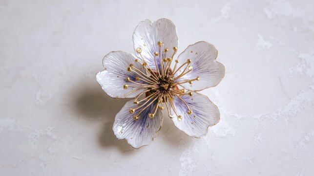 Tiny fancy flower on a white surface, seen from above.