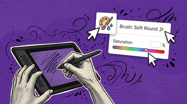 Creative halftone collage of digital artist hands using a pen tablet and stylus for graphic design featuring brush settings and color saturation tools in a modern purple artistic workspace theme
