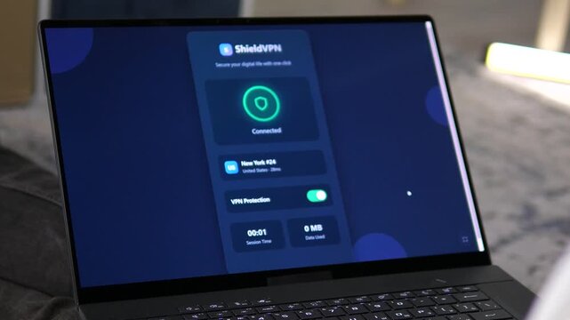 Close-up of VPN Software Connection Process on Screen. Cinematic shot of a laptop displaying a modern VPN interface connecting to a secure server. Ideal for tech reviews, software demos, and
