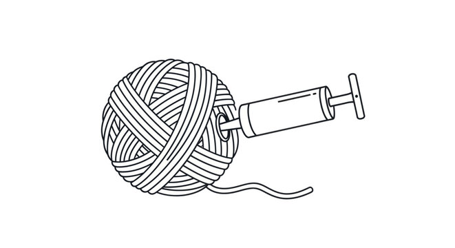 Line art illustration of a manual pump inflating a ball of yarn.