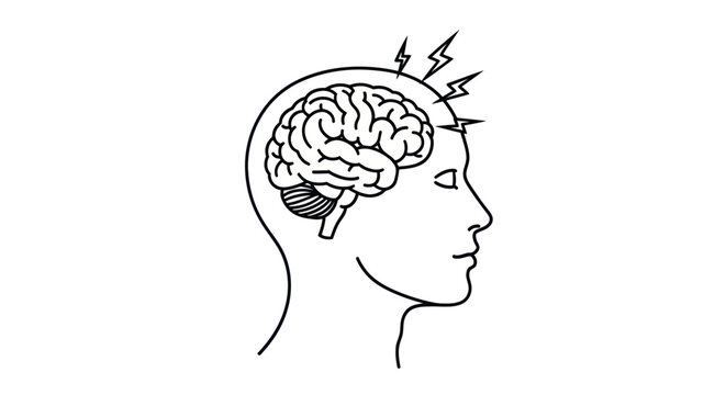 Line art illustration of a human head experiencing headache or migraine pain.