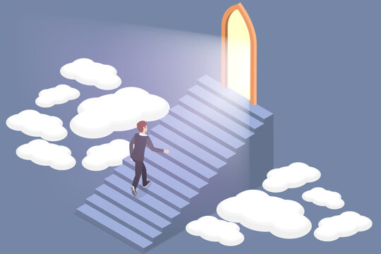 3D Isometric Flat Vector Illustration of Door To Heaven, Man Ascending Stairs Toward HeavenS Gate