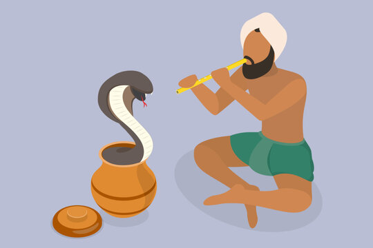 3D Isometric Flat Vector Illustration of Cobra Charmer, Snake Lord Musical Performance