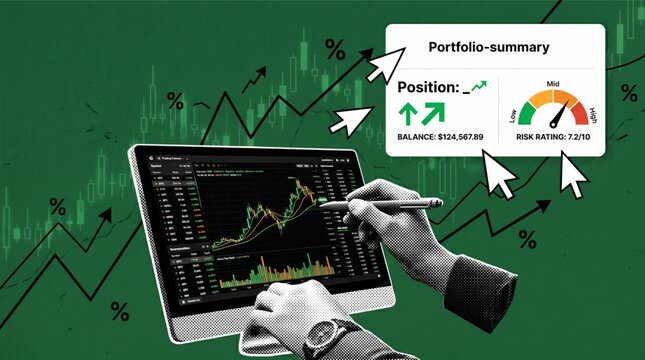 Modern halftone collage illustration of stock market investment portfolio summary on digital tablet showing growth charts risk rating gauge balance and hands using stylus for financial analytics