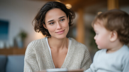 Obraz premium Legal aid attorney reviewing eviction documents with anxious young mother and toddler, fluorescent-lit clinic waiting room, free legal services nonprofit, housing court advocacy, low-income family s
