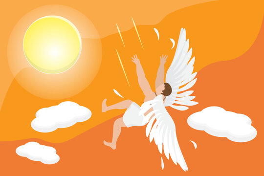 3D Isometric Flat Vector Illustration of Icarus, Greek Mythology, Angel Flying High Towards The Sun