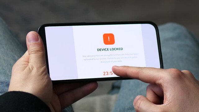 Dramatic smartphone hack sequence: a malicious link leads to a locked device and encrypted data. Professional footage for digital security ads, news segments about internet fraud, and cybercrime