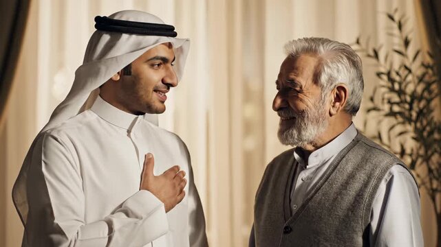 Young man placing hand on heart in traditional Eid greeting to elder. Authentic modest lifestyle and respectful intergenerational connection. Warm afternoon light in modern home.