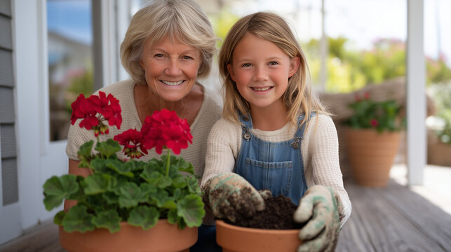 Grandmother and teenage granddaughter planting red geraniums in terracotta pots on a sunny back porch, soil-stained gloves, Mothers Day gardening family spring outdoor generational bond flowers gift