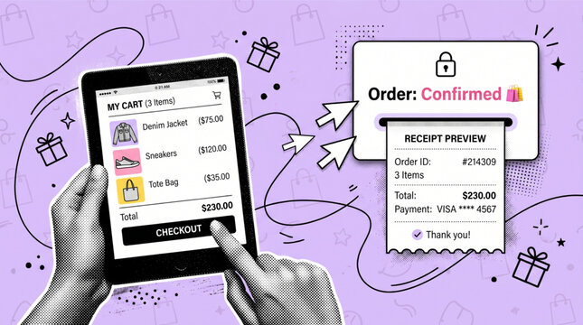Creative halftone collage of hands using tablet for online shopping featuring clothing items cart checkout process order confirmation receipt and secure mobile payment transaction illustrated ui