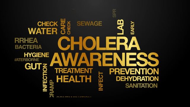 cholera awareness concept Animated Tag Word Cloud kinetic typography, Text Design Animation typography seamless loop video motion graphics Intro Wordart golden type on black background bg backdrop cam