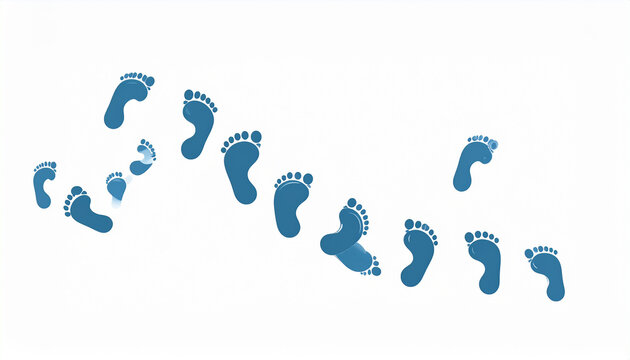Vibrant blue stylized human footprints creating a winding path on a clean white background, symbolizing progression, guidance, and a journey forward