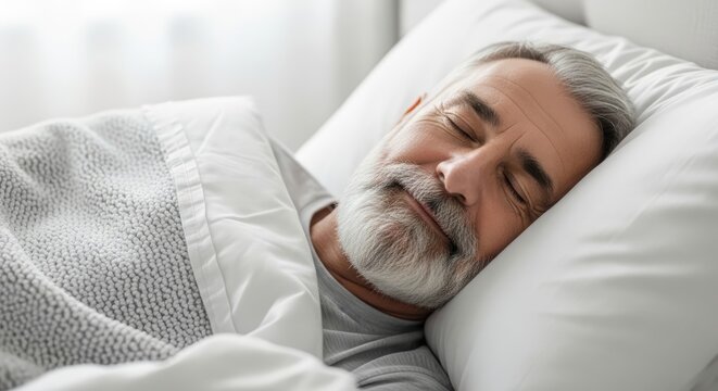Senior man sleeping peacefully in bed, healthy sleep and relaxation concept