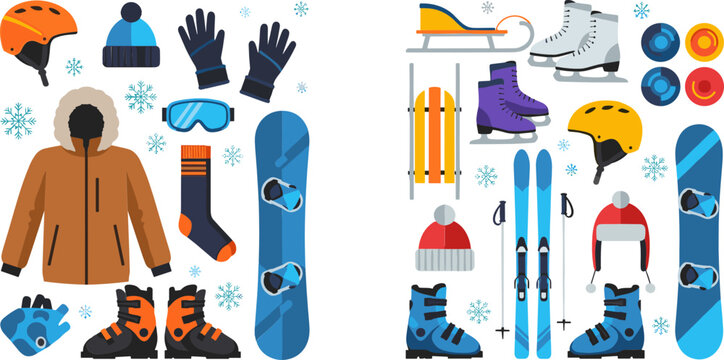 Winter Sports Equipment and Clothing Set Featuring Ski Gear Snowboard Outfit Ice Skates Helmets Gloves and Accessories for Cold Weather Outdoor Activities Illustration