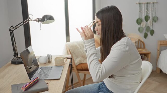 Woman adjusts glasses and types on laptop at a studio desk with headphones, notebook, pencils and a lamp by a window; concentration.