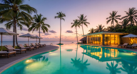 Obraz premium A luxurious tropical resort features a stunning infinity pool reflecting a vibrant sunset over the ocean high quality