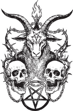 Occult Baphomet Illustration with Dual Human Skulls Pentagram and Thorns. Detailed Baphomet head featuring two screaming skulls, inverted pentagram, and sharp thorns in vintage engraving s