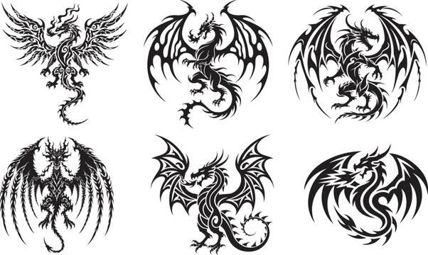 Tribal Dragon Tattoo Vector Set &ndash; Black Mythical Dragon Silhouettes and Winged Beast Designs