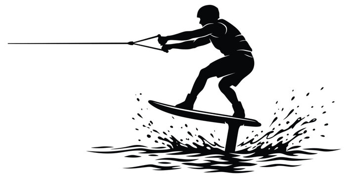 Hydrofoil wakeboarding silhouette isolated on white background