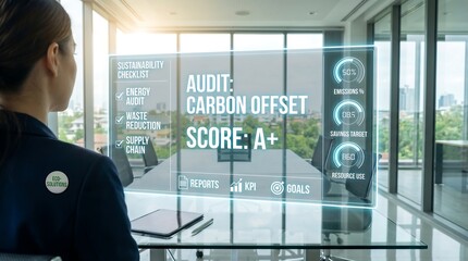 Fototapeta premium A businesswoman in a modern office reviews sustainability reports and carbon offset scores on a digital screen.
