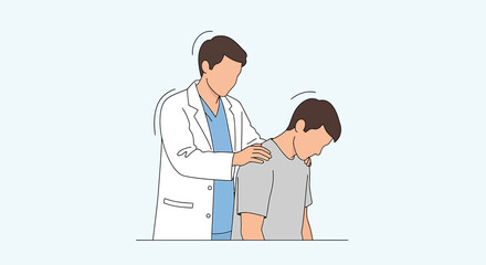 Fototapeta premium Doctor examines patient's neck, checking for pain or injury during medical checkup.