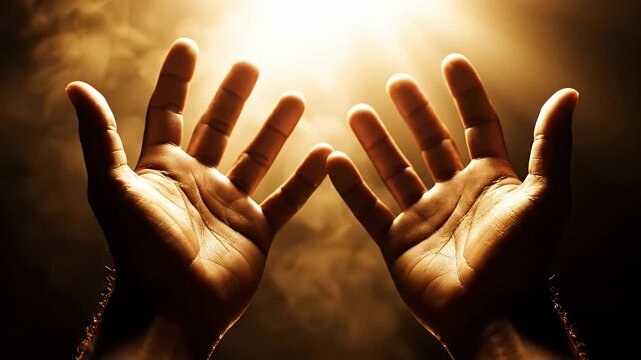 Hands Reaching for Light - This video captures two outstretched hands reaching upwards toward a bright golden light.