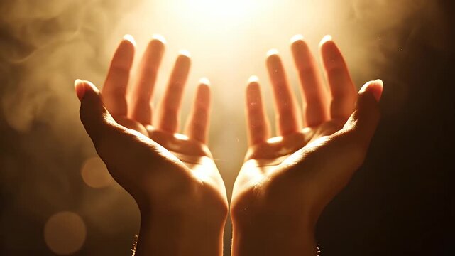Hands Reaching for Light - A pair of hands are reaching upwards towards a bright, hazy light source, symbolizing hope, spirituality, or receiving something divine.