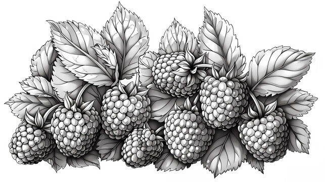 Detailed black and white botanical illustration of ripe raspberries with leaves. Hand-drawn, monochrome art suitable for food, nature, and culinary design.