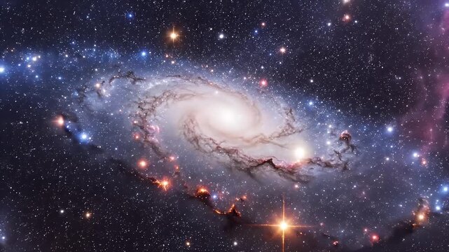 Spiral Galaxy in Deep Space - This captivating video displays a spiral galaxy with a bright, concentrated core, surrounded by swirling arms filled with stars and nebulae.