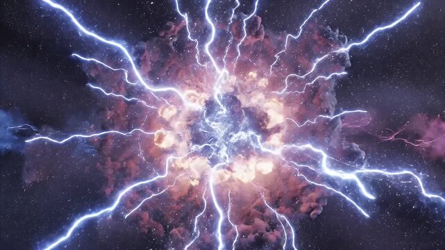 Galactic Energy Burst - This video depicts a burst of energy in deep space. It has radiating white lightning streaks emanating from a central point, and shows blue and pink nebulas.