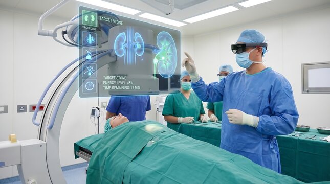 Medical professionals in a hospital operating room utilizing advanced technology for a surgical procedure on a patient