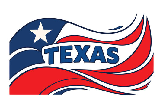 A stylized graphic design featuring a waving flag motif with the bold word texas in the center