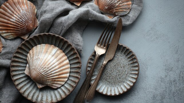 Scallops in shells rest on a grey table, arranged neatly for a meal.