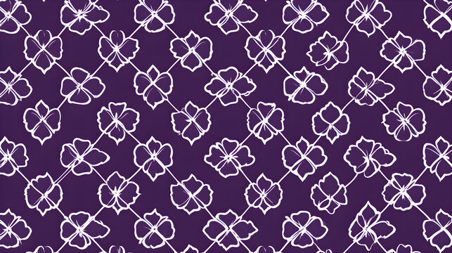 Seamless trefoil pattern with white shapes on purple background for design