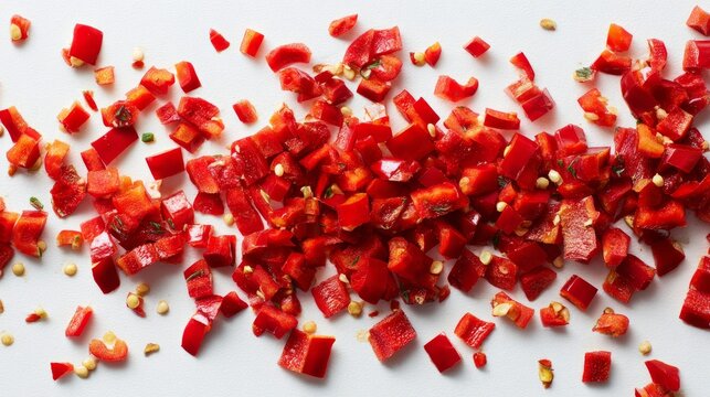 Spicy peppers, chopped, on a white surface, viewed from above.