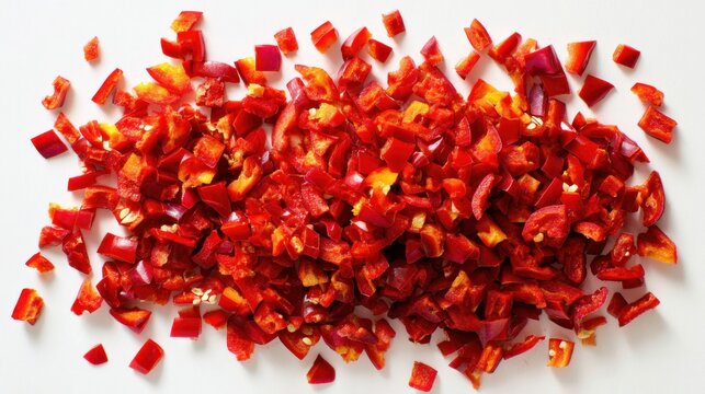 Spicy peppers, chopped, on a white surface, viewed from above.