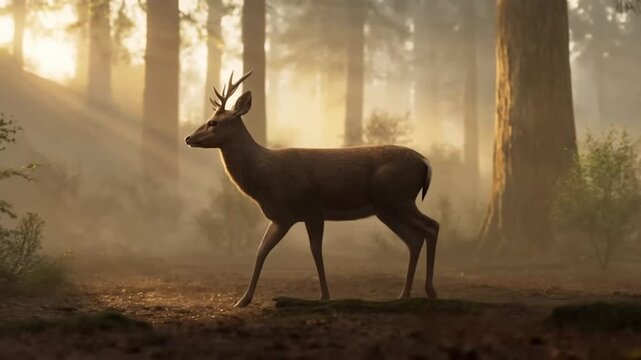 Tracking shot of deer walking through misty forest clearing with golden sun rays at sunrise