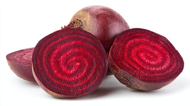 Fresh red beet, sliced, on a white backdrop.