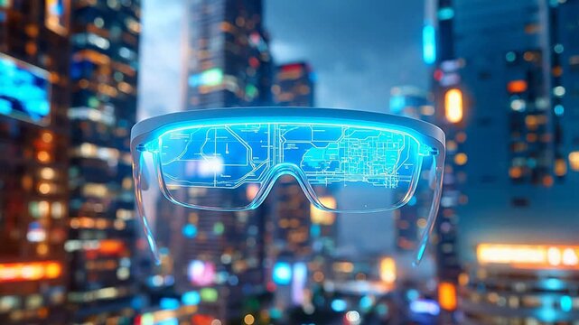 Smart glasses with digital map overlay in cityscape emphasizing modern lifestyle and connectivity