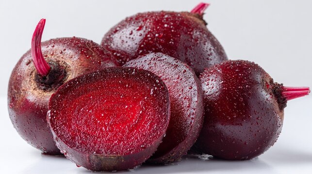 Fresh red beet, sliced, on a white backdrop.
