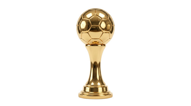 A shiny gold trophy with a soccer ball on top stands alone on a transparent background