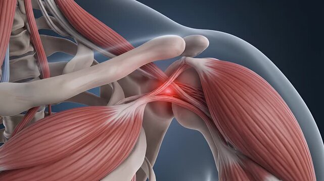 Shoulder Joint Anatomy with Highlighted Pain Area - This video shows a detailed anatomical view of the shoulder joint, highlighting the muscles, bones, and tendons.