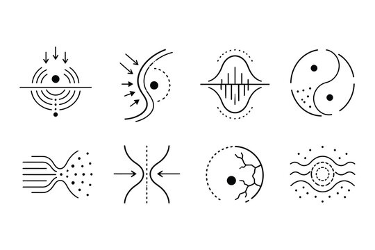 Illustrations of different types of field interactions and particle behaviors in physics