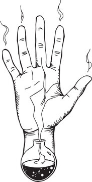 Surreal Hand with Five Fingers Emerging from Magic Potion Bottle