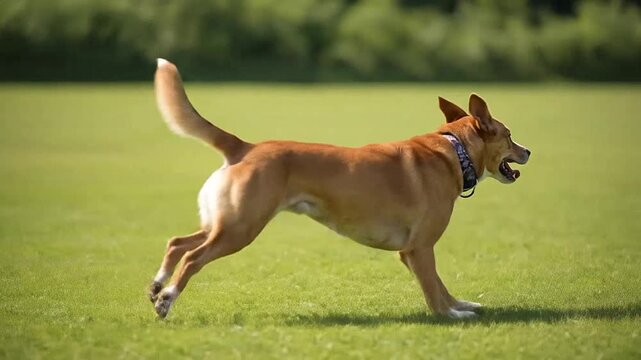 A brown dog runs across a green field.
