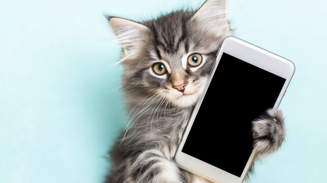 Fluffy kitten holding smartphone with blank screen, peeking from side, pet using digital device