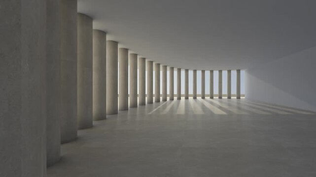 
Abstract architecture background, modern futuristic building with colonnade and sun light motion. Architectural design with concrete columns in minimal hall interior. 3d render animation