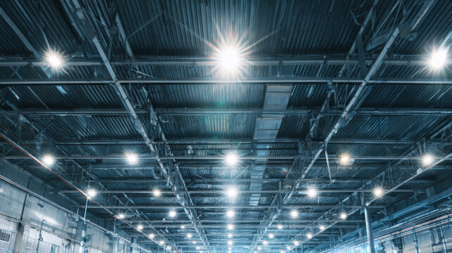 Modern factory ceiling presenting intricate metal structures, ventilation ducts, and bright LED lights illuminating the industrial space